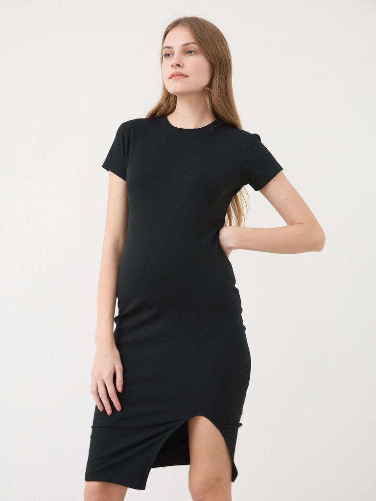 Ribbed Midi Short-Sleeve Slit Dress Ecavus Ribbed Midi Short-Sleeve Slit Dress Ecavus