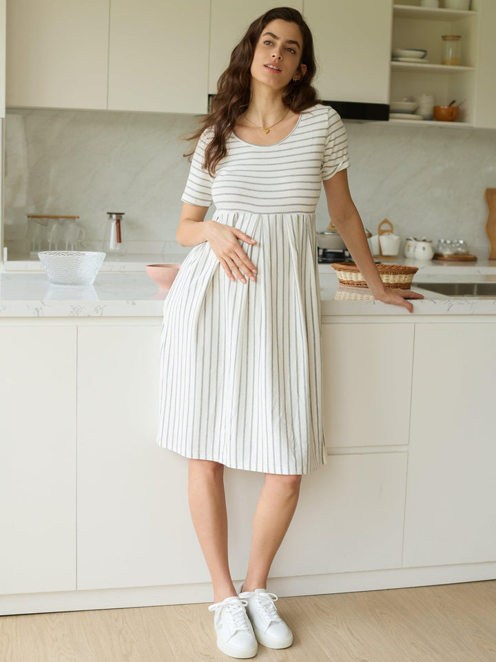 midi lace maternity dress Striped A-Line Cotton Short Sleeve Maternity Midi Dress